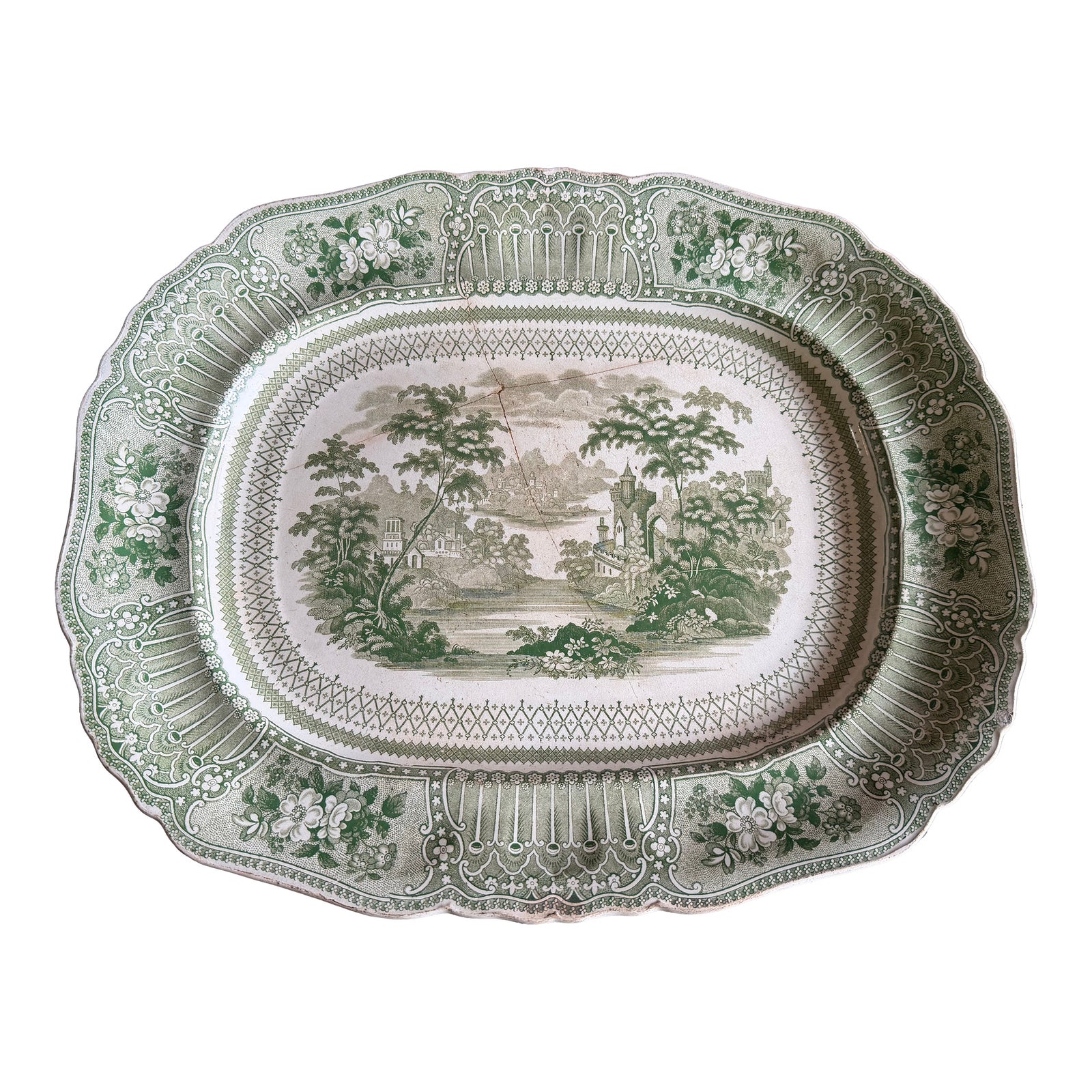 Antique Staffordshire Green Transferware Platter 