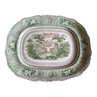 Antique Staffordshire Green Transferware Platter "Cologne" With Staple Repair, Circa 1830's For Sale