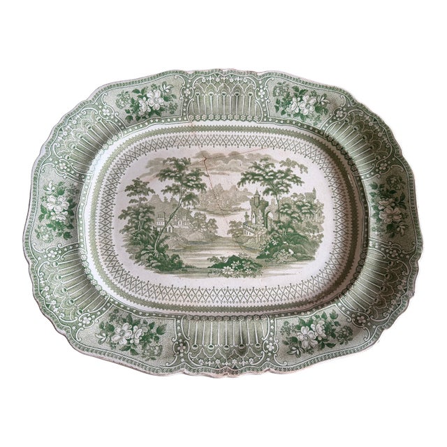 Antique Staffordshire Green Transferware Platter "Cologne" With Staple Repair, Circa 1830's For Sale