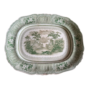 Antique Staffordshire Green Transferware Platter "Cologne" With Staple Repair, Circa 1830's