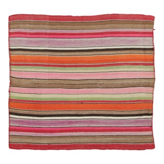 Vintage Frazada Square Kilim in Vibrant Polychrome Striped Pattern - Rug & Kilim For Sale