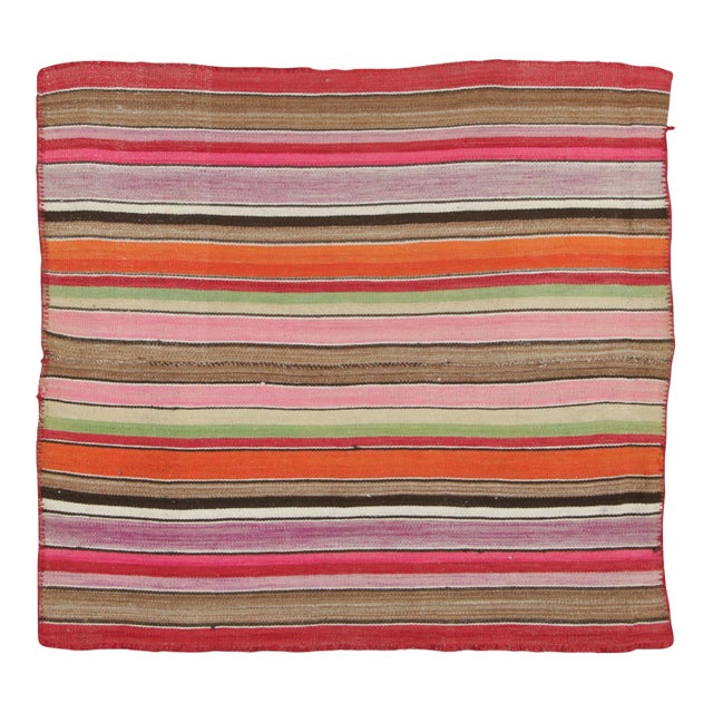 Vintage Frazada Square Kilim in Vibrant Polychrome Striped Pattern - Rug & Kilim For Sale