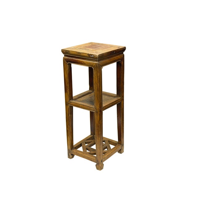 1960s Vintage Patina Square Slim Wood Pedestal Display Stand Side Table For Sale - Image 5 of 10