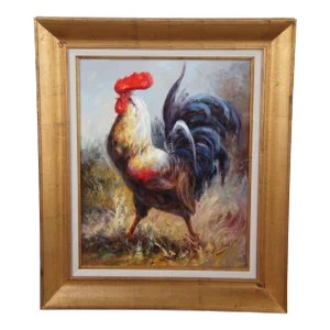Impressionist Country Farmhouse Rooster Portrait Oil Painting on Canvas