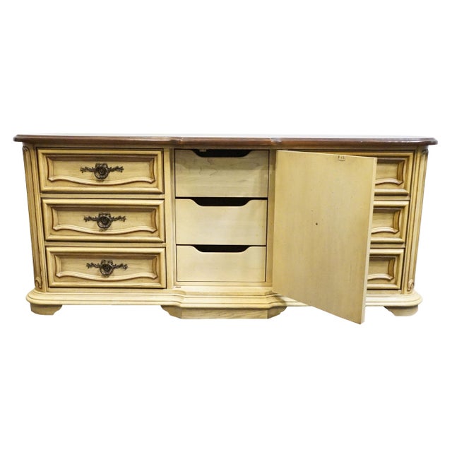 Late 20th Century Stanley Furniture Solid Pecan Antiqued Yellow Cream Painted Mediterranean 73" Triple Door Dresser 4723-05 For Sale - Image 5 of 15