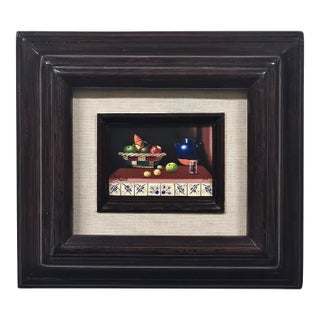 Miniature Mexican Still Life — Signed Lehm, Xochimilco, 1999 — Oil on Board in Rustic Frame For Sale