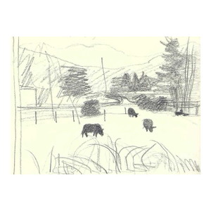 1977 Robert Angeloch Farm Landscape Drawing