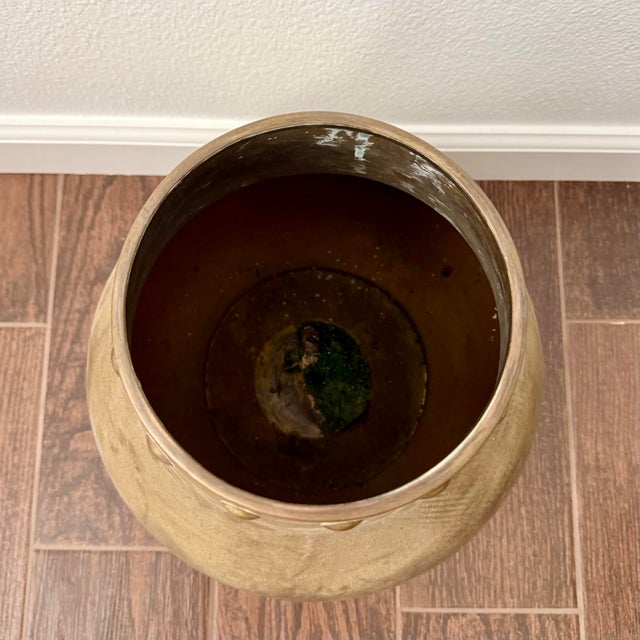 Vintage Modern Brass Planter Catchpot Jardiniere Patina Studded Hammered 13”x12” For Sale - Image 11 of 12