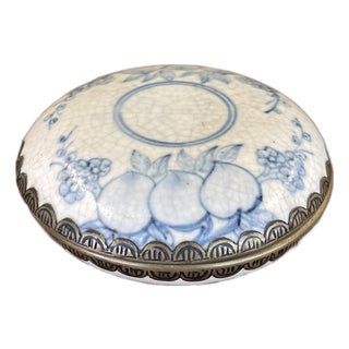 Possibly Antique Chinese Blue and White Porcelain Lidded Box With Bronze Toned Mounts, Late Qing Dynasty. For Sale