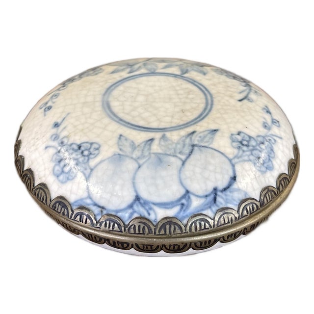 Possibly Antique Chinese Blue and White Porcelain Lidded Box With Bronze Toned Mounts, Late Qing Dynasty. For Sale