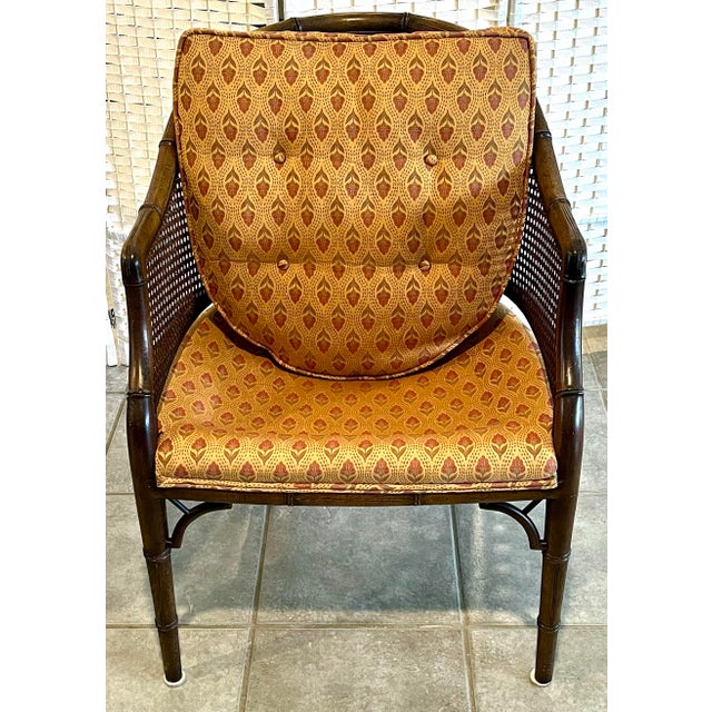 French Provincial Mid 20th Century Faux Bamboo and Cane Barrel Chairs With Blockprint Upholstery - Set of 4 For Sale - Image 3 of 12