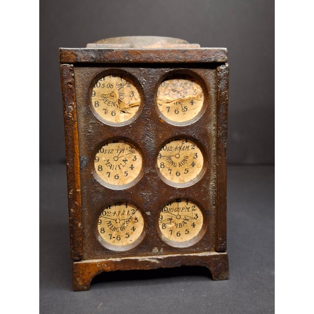 Antique Arcade Cast Iron World Times Clock Still Bank Original Paper Insert C. 1910 For Sale In Boston - Image 6 of 15