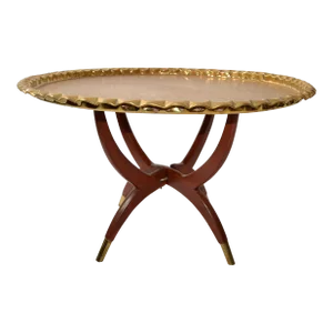 Oriental Vintage Round Walnut Spider Leg and Bronze Moroccan Tray Table