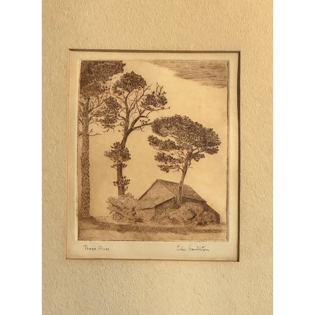 Antique American print of "Three Pines" etching by John Hambleton circa 1900s. Original cream matting and maple moulding....