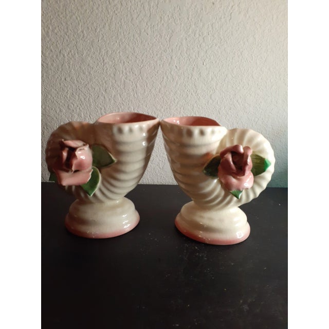 1940s Vintage Pair of Porcelain Cornucopia Bud Vases For Sale - Image 5 of 7