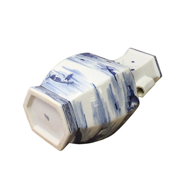 2010s Chinese Blue & White Porcelain Oriental Mountain Scenery Graphic Vase For Sale - Image 5 of 7