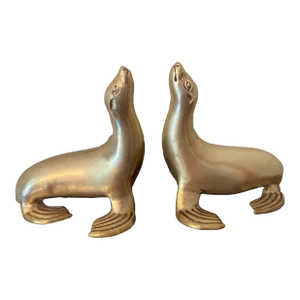 1970s Mid-Century Modern Brass Seal Bookends- a Pair