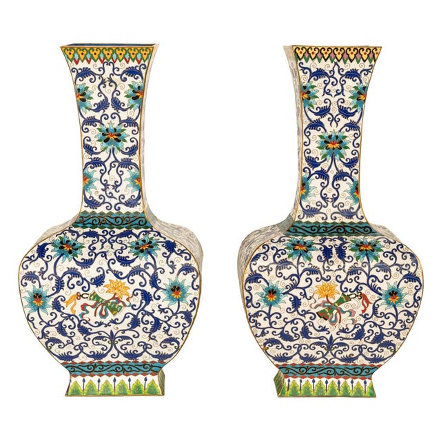 Antique Pair Monumental Chinese Qing Qianlong Period Cloissoné Enamel Vases 1795 For Sale - Image 12 of 16