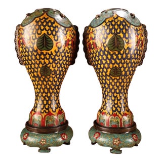 Monumental Pair of Chinese Cloisonné Enamel "Fish" Vases With Stands - 48cm, 9.6kg For Sale