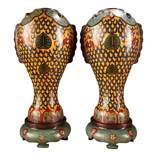 Monumental Pair of Chinese Cloisonné Enamel "Fish" Vases With Stands - 48cm, 9.6kg For Sale