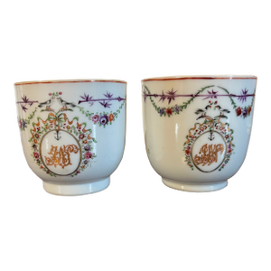 Antique Early 19th Century Chinese Export Porcelain Marriage Tea Cups With Flower Garlands, Birds & Monogram Cipher Circa 1800 - A Pair