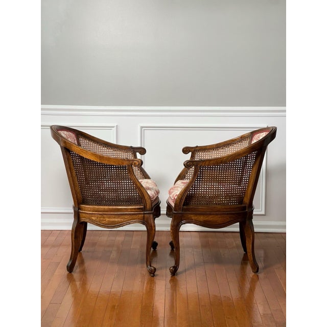 Wood Pair French Louis XV Style Walnut and Cane Barrel Back Bergere Chairs in Toile, 20th C. For Sale - Image 7 of 13