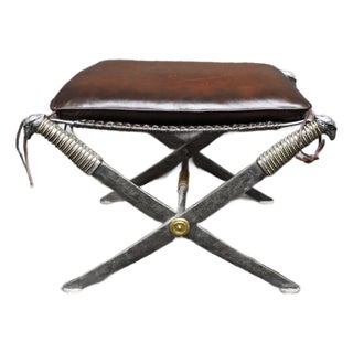 Maitland-Smith Leather X-Base Stool With Cast Eagle Heads For Sale