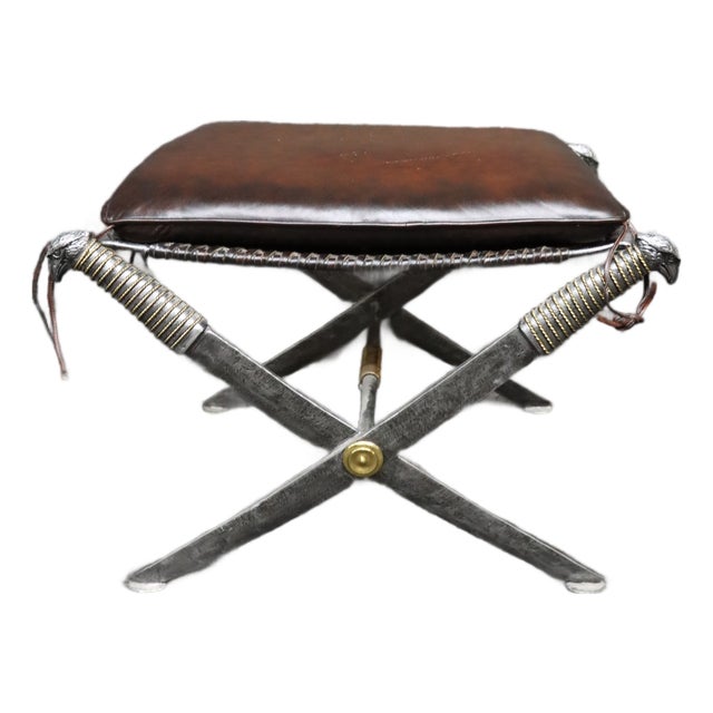 Maitland-Smith Leather X-Base Stool With Cast Eagle Heads For Sale