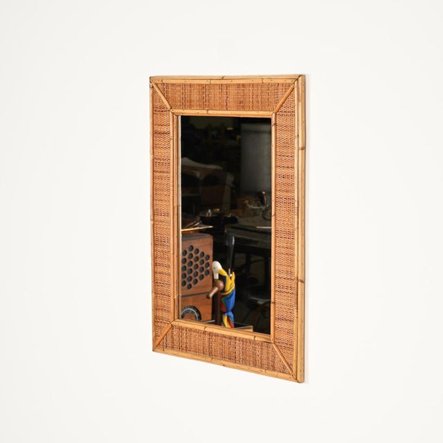 Large French Riviera Rectangular Mirror in Bamboo and Woven Rattan, 1970s For Sale - Image 4 of 12