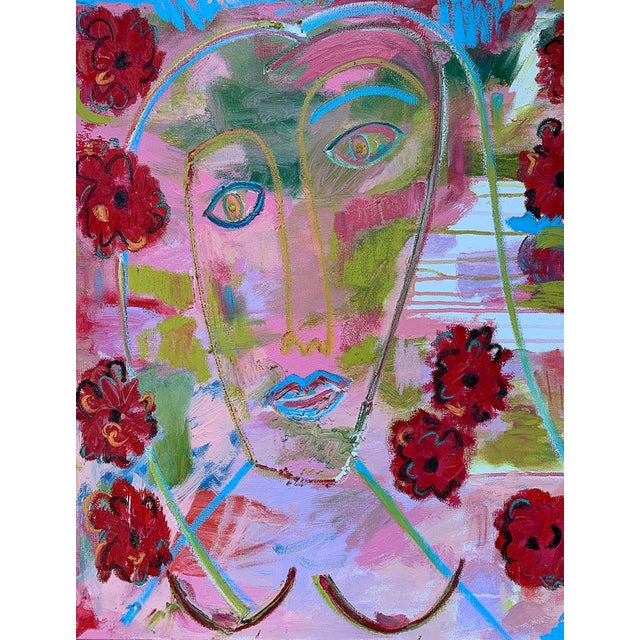 "With Poppies" Contemporary Abstract Expressionist Portrait Oil Painting by Monica Shulman For Sale - Image 4 of 8