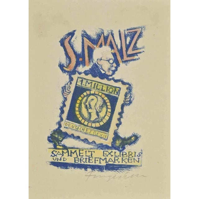 Ex Libris -Sammelt und Briefmarken is a woodcut print created by Michel Fingesten. Hand signed on the lower margin. Good...