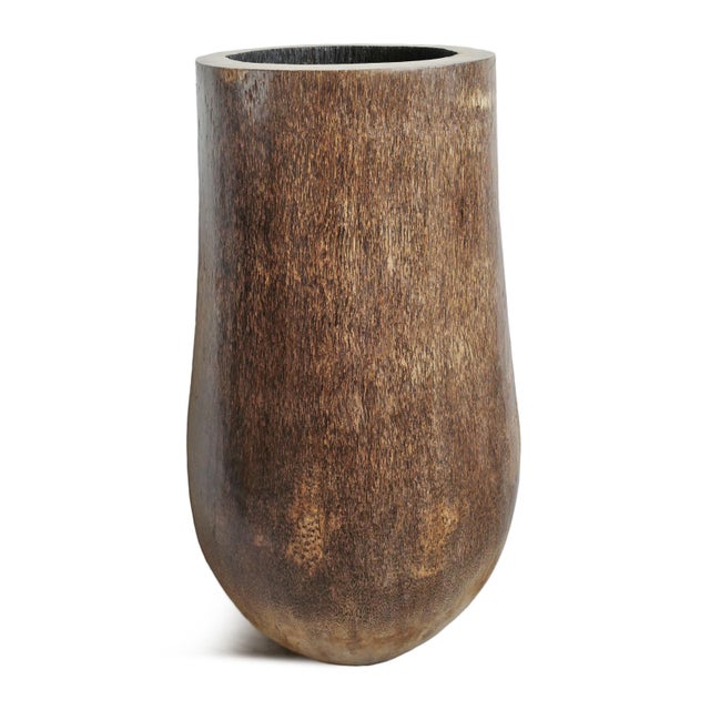 Natural coconut palm vintage carved tall urn / pot. Each will vary in natural finish and inherent qualities. Diameters...