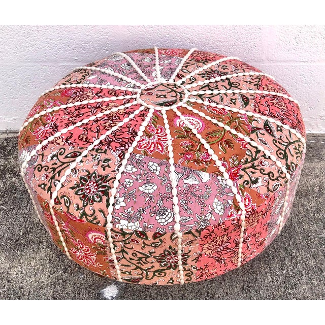 Pink Large Round Puffy Pink Floral Patchwork Ottoman Footstool For Sale - Image 8 of 8
