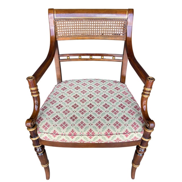 Late 20th Century Vintage Hickory Chair Neoclassical Cane Back Armchair With Gilt Accents & Floral Upholstery For Sale - Image 5 of 12