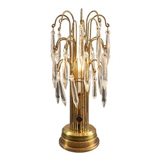 Vintage Hollywood Regency Crystal Prism Waterfall Table Lamp | Brass & Faceted Glass For Sale