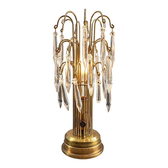 Vintage Hollywood Regency Crystal Prism Waterfall Table Lamp | Brass & Faceted Glass For Sale