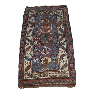 Antique Caucasian Kazak Wool Rug in Brick Red, Indigo Blue & Ivor For Sale