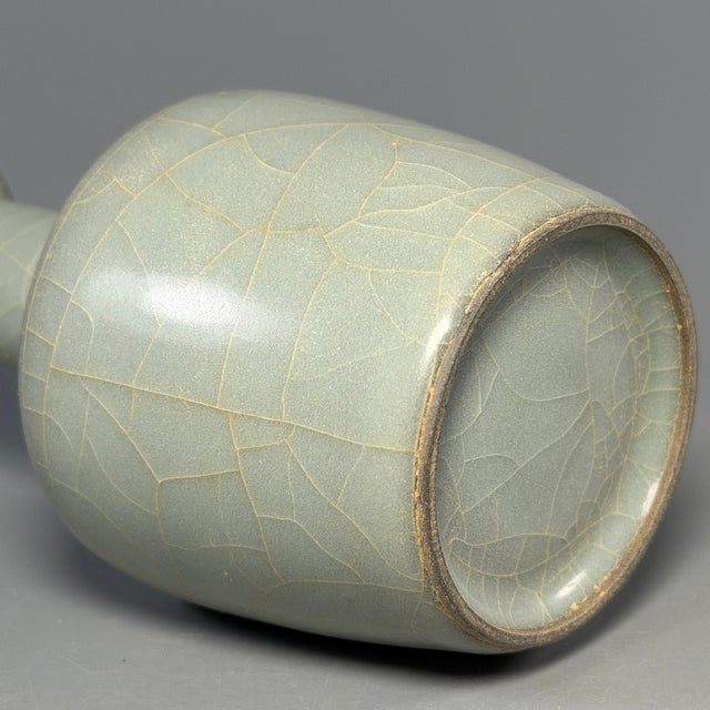 Antique Chinese Celadon Crackle‑Glaze Roll‑Neck Vase, Collectible Antique For Sale - Image 4 of 5