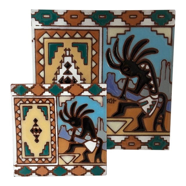 Vintage Earthtones Trademarked Set of 2 "KoKopelli" Southwestern Ceramic Tile Art Coasters For Sale