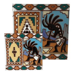 Vintage Earthtones Trademarked Set of 2 "KoKopelli" Southwestern Ceramic Tile Art Coasters