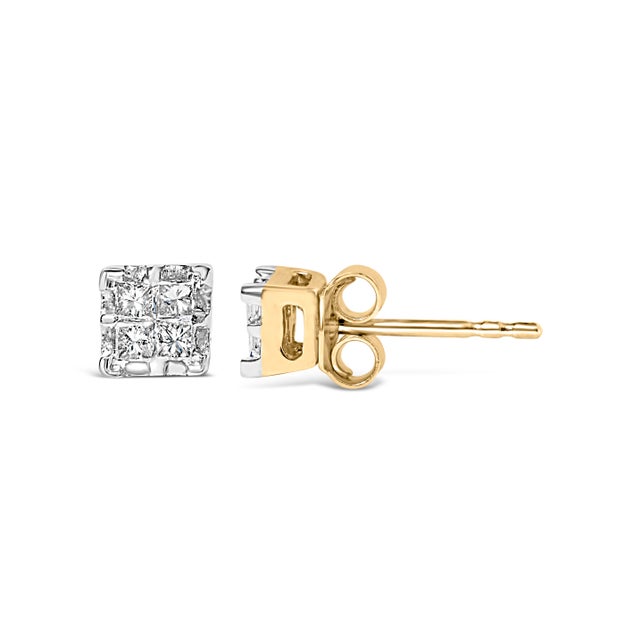 Contemporary 10k Yellow Gold Princess Diamond Quad Stud Earrings, A Pair For Sale - Image 3 of 6