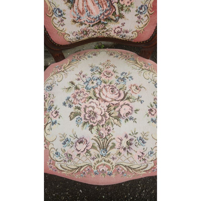 Pair of Vintage Louis XV Style French Provincial Open Armchairs With Pink Romantic Tapestry Upholstery For Sale - Image 12 of 17