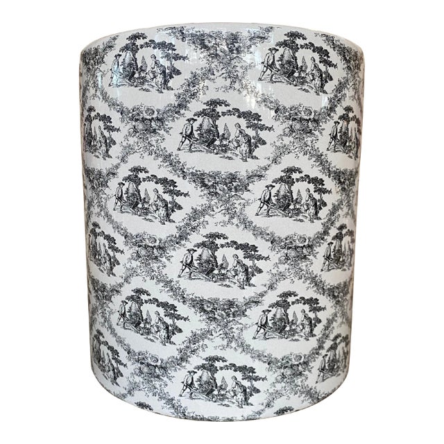 Vintage Labrazel Ceramic Black/Cream Toile Wastebasket, Made in Italy For Sale