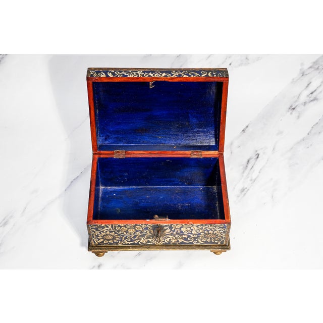 Striking Hand Painted Antique Domed Wood Casket Box With Key Madonna and Child Religious Scene For Sale - Image 9 of 18