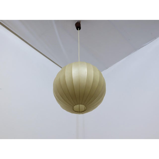 Italian Cocoon Globe Pendant Lamp with Teak Details, 1970s For Sale - Image 11 of 11