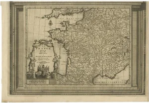 Antique Map of France with Title Cartouche and Border, 1740