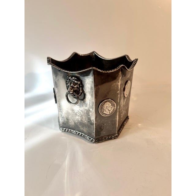 Silver Plate Cache Pot, Planter with Lions Heads and Silver Coins For Sale - Image 4 of 10