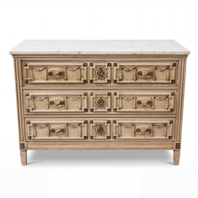 French Neoclassical Style New York Commode / Chest With Bronze & Travertine Top For Sale - Image 4 of 6