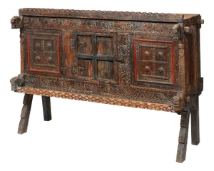 Carved Wooden Damchiya Chest, 1920s