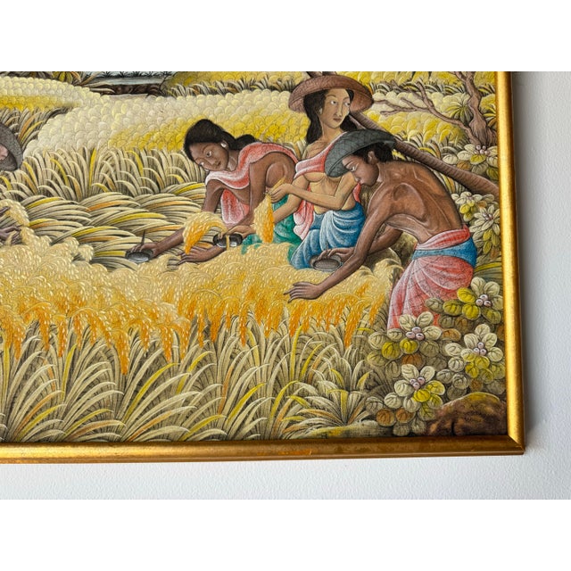 Vintage Kasta Asian Traditional Balinese Rice Farmers in Ubud Acrylic Painting For Sale - Image 9 of 12
